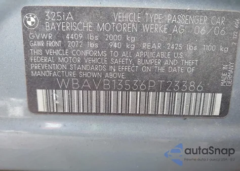 2006 BMW 3 Series 325I from USA, damaged, VIN WBAVB13536PT23386